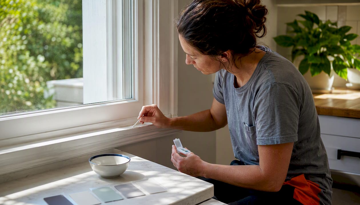 Hands applying DIY lead paint test swab indoors