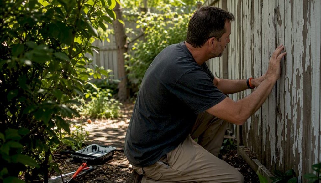 Homeowner inspecting peeling paint near window