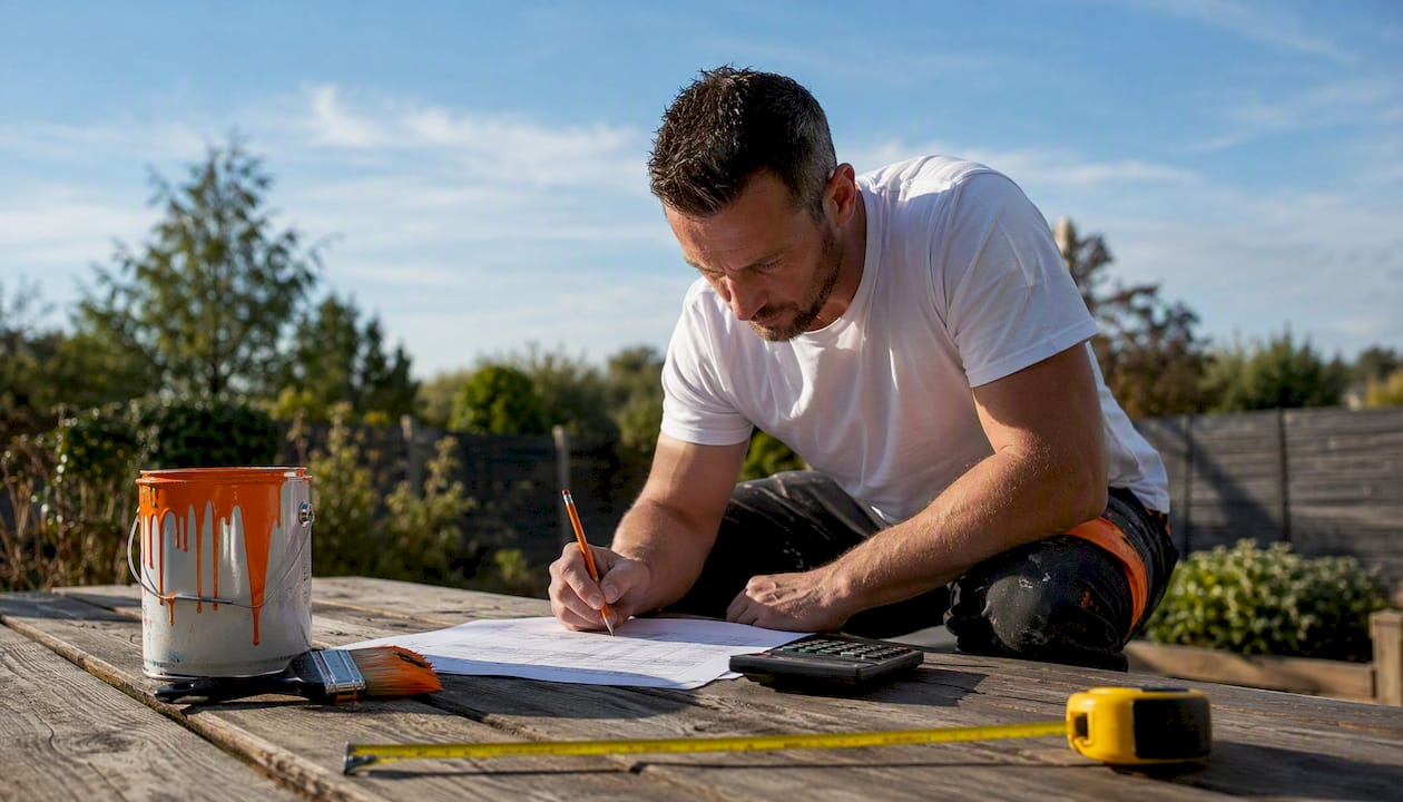 Contractor calculating painting costs at workbench