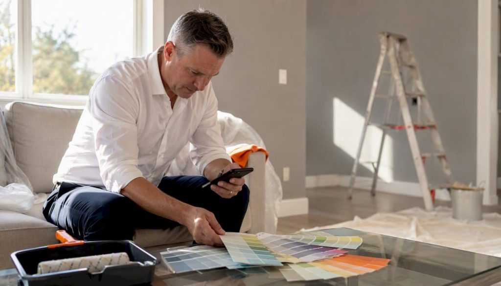 Landlord reviewing paint samples in rental living room