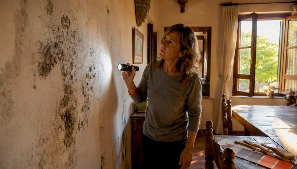 Woman inspecting mould on interior wall