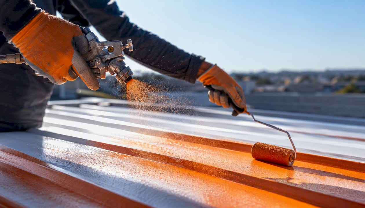 Airless sprayer and roller painting metal roof panels