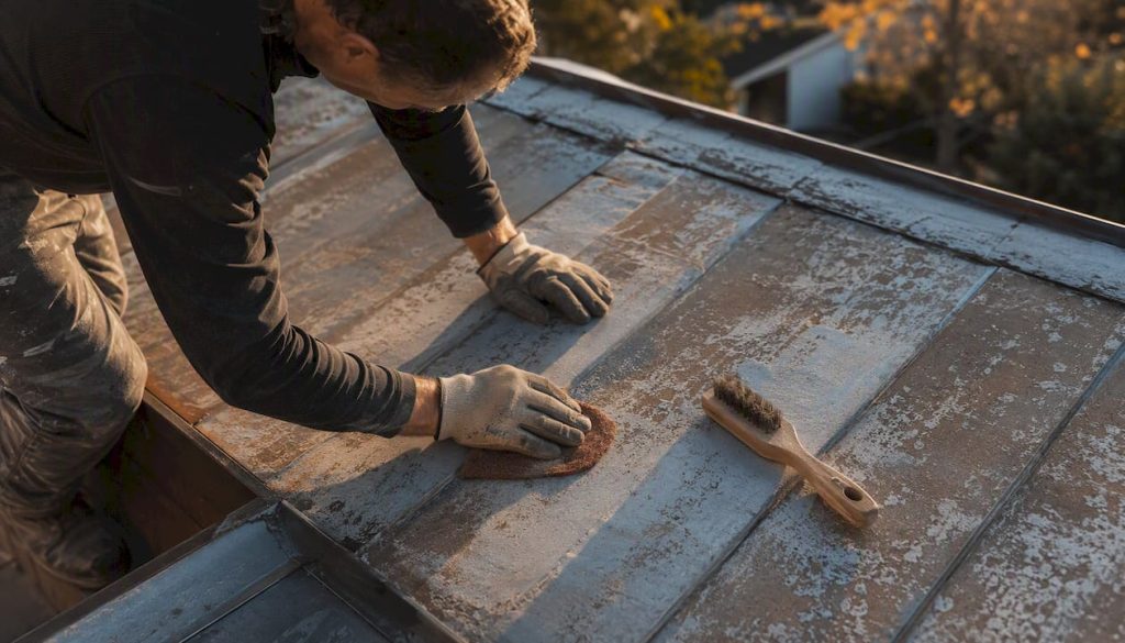 Hands sanding metal roof panels for painting