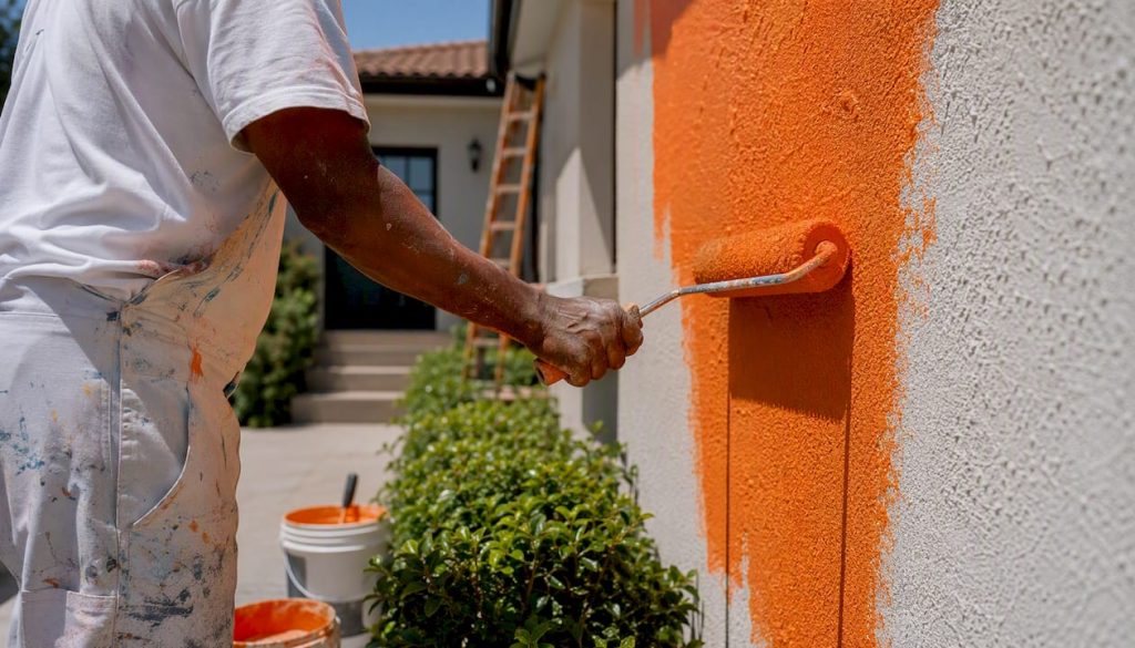 Painter rolling exterior paint on a wall