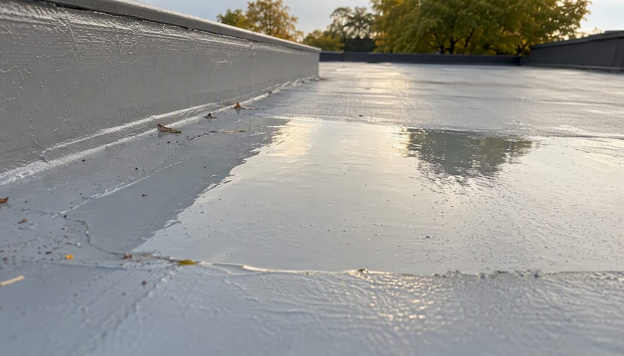 Close-up of ponding water on silicone roof coating