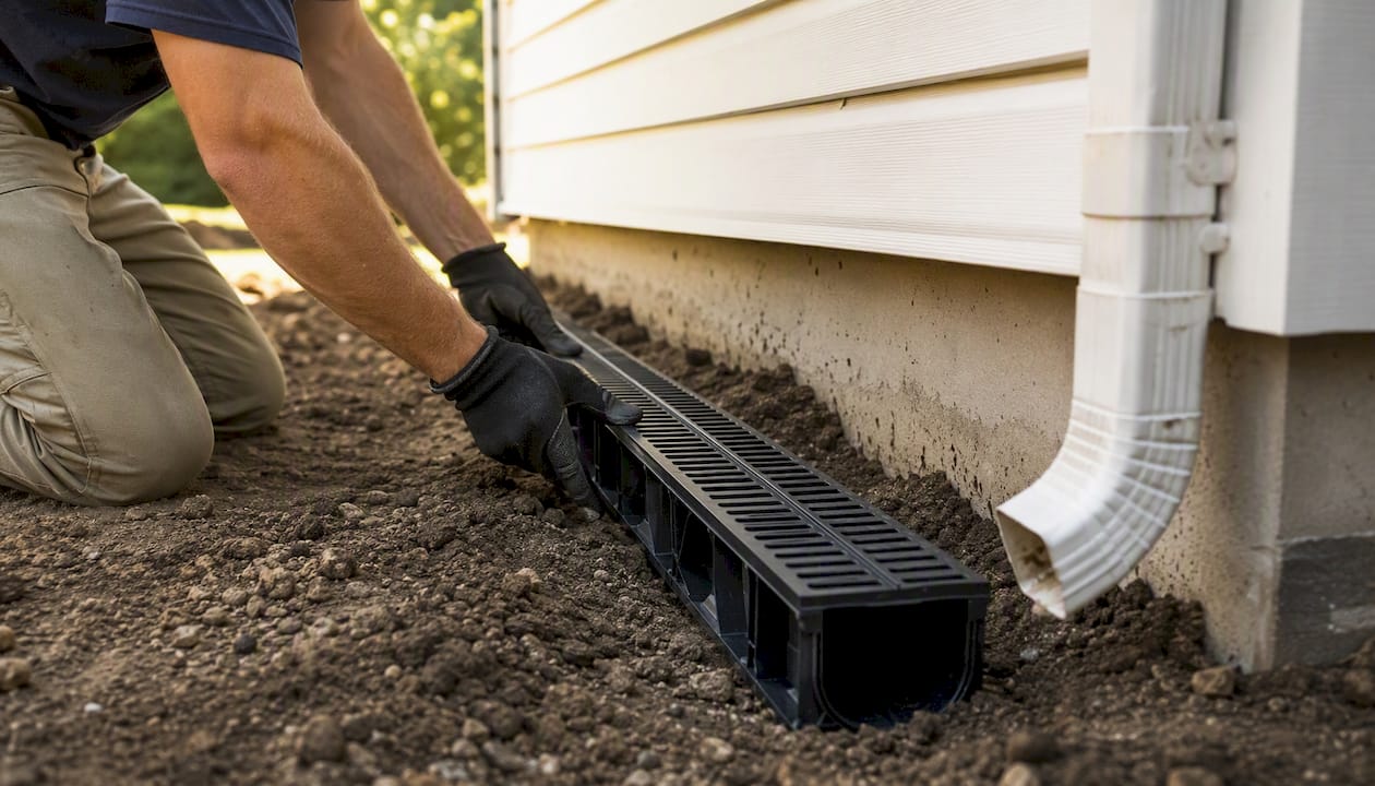 Hands installing drainage channel at home foundation