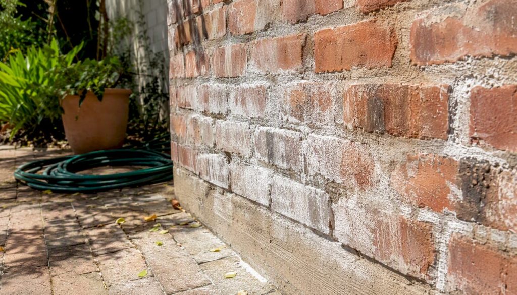 Exterior wall with white efflorescence deposits