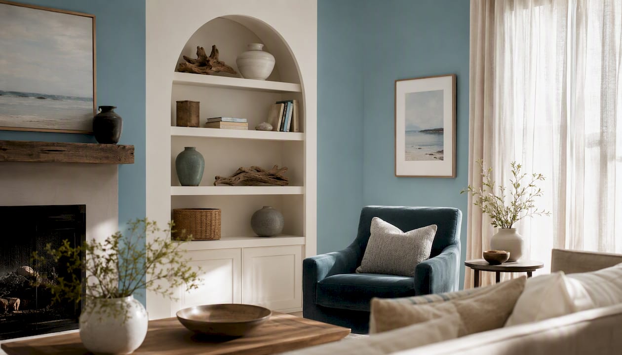 Coastal style living room with sand walls and green alcove