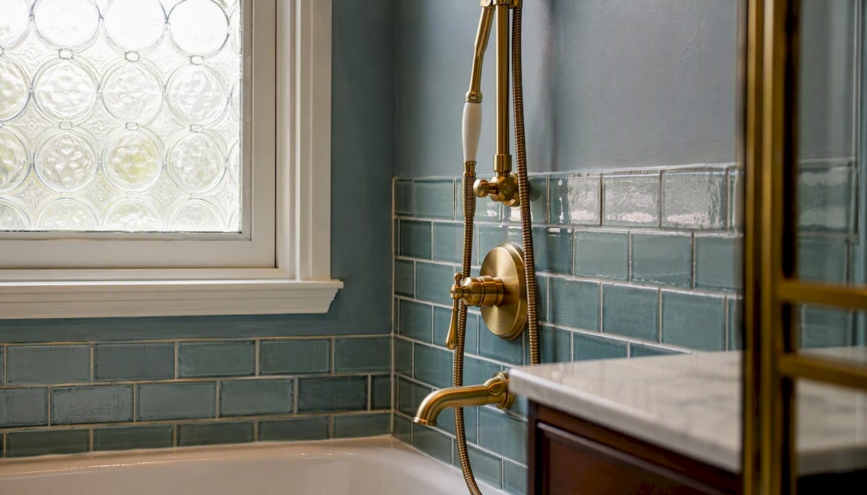 Sea-glass tiled bathroom corner with brass fixtures