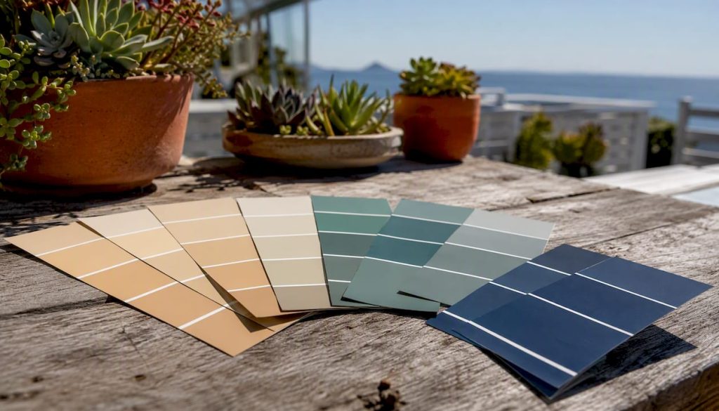 Paint swatches of coastal colour palette on wooden table
