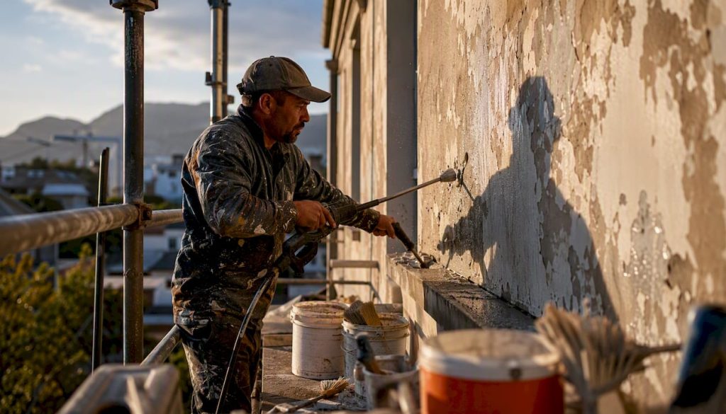 Painter preparing exterior wall for UV-resistant paint