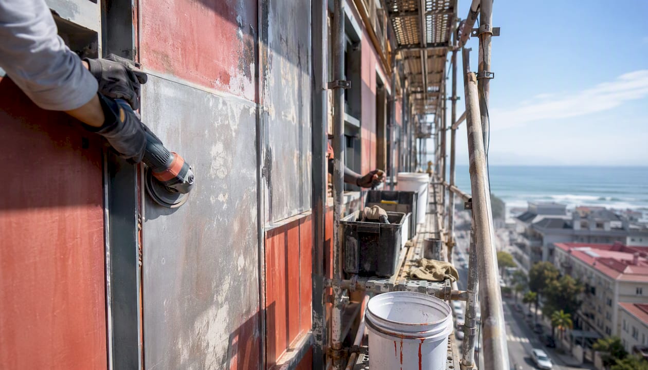 Scaffolding and sanding surface preparation on building
