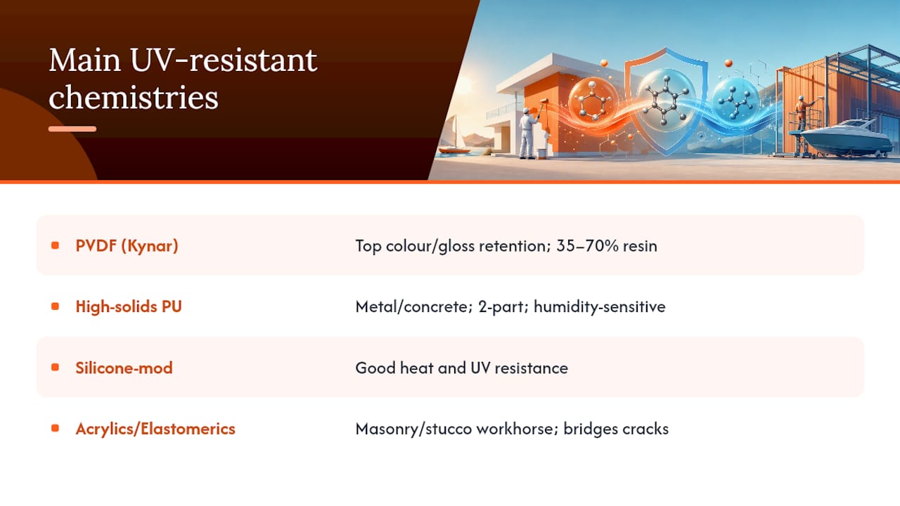 Diagram comparing four UV-resistant coating chemistries