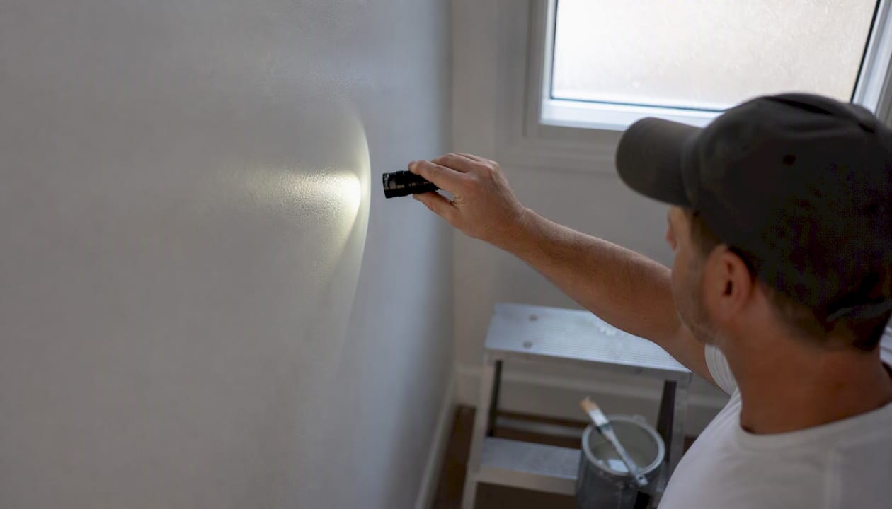 Hand holding flashlight to wall revealing paint defects