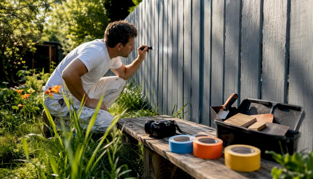 Painter inspecting wall with flashlight and taping defects