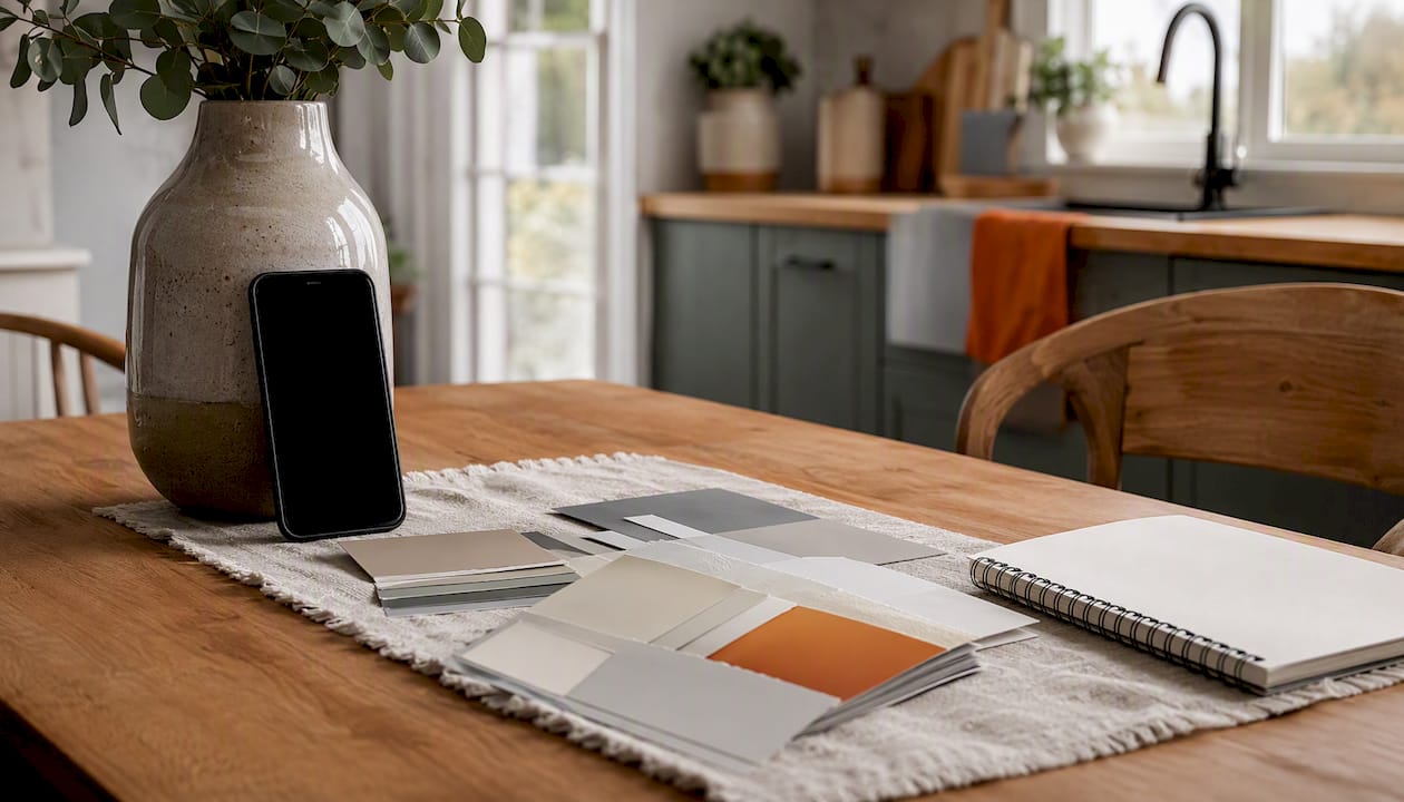 Desk setup for virtual paint consultation with color chips