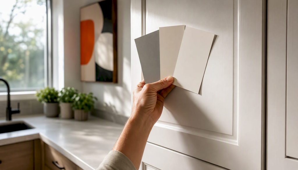 Hand holding paint swatches against home wall