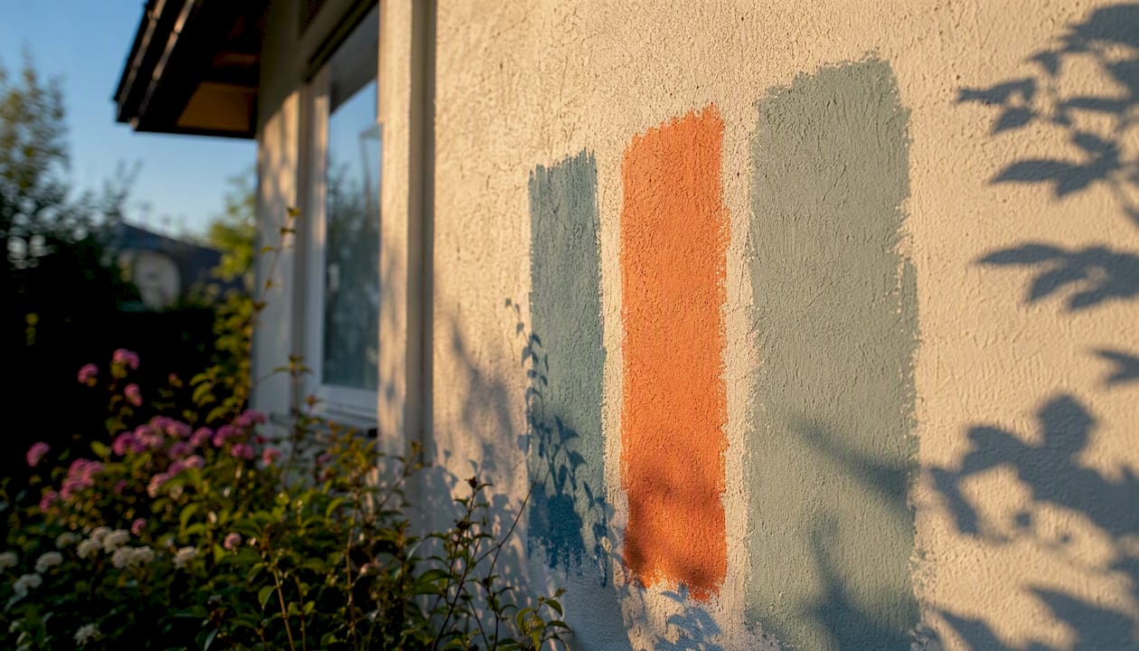 Exterior wall with three test paint colors applied