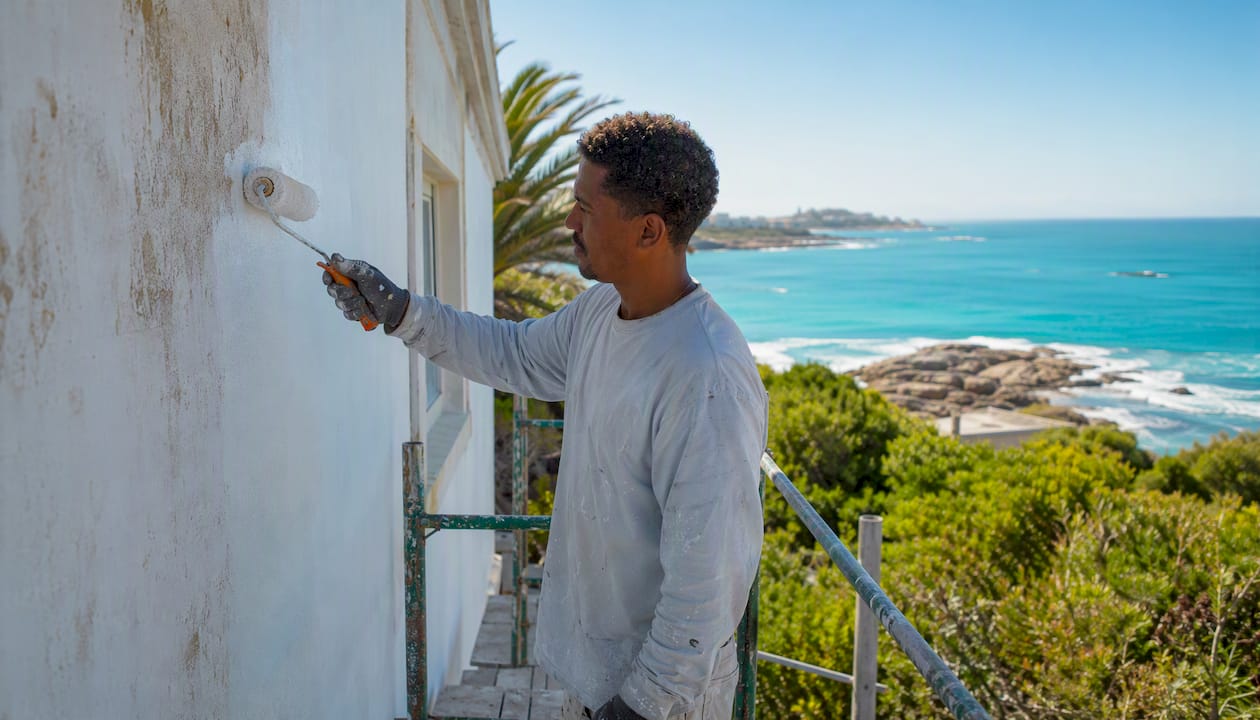 Painter applying primer on salt-damaged coastal wall