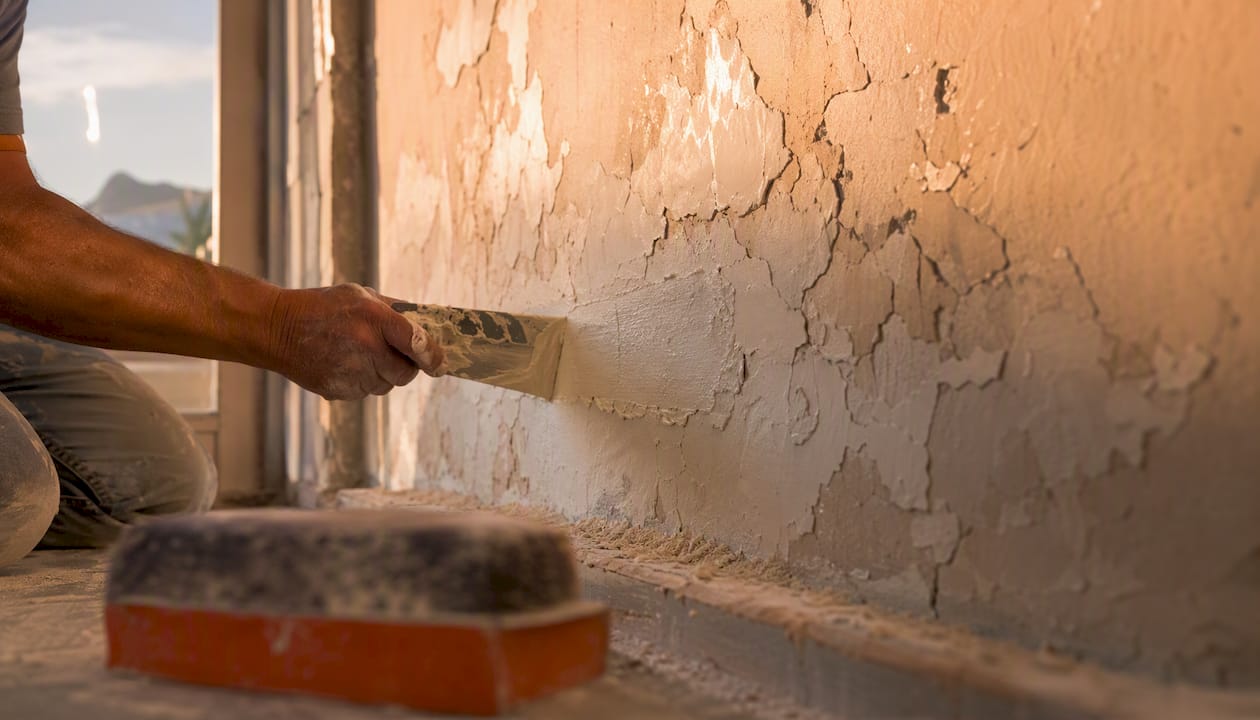 Painter repairing peeling paint on wall
