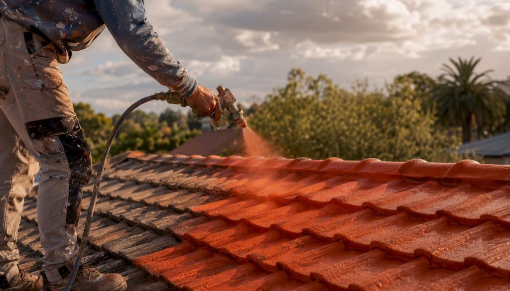 Painter spraying paint on red tile roof