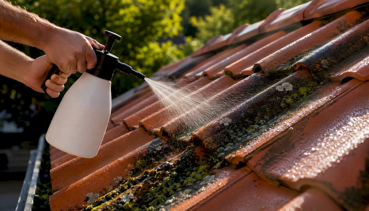 Applying biocide wash to sandy roof tiles