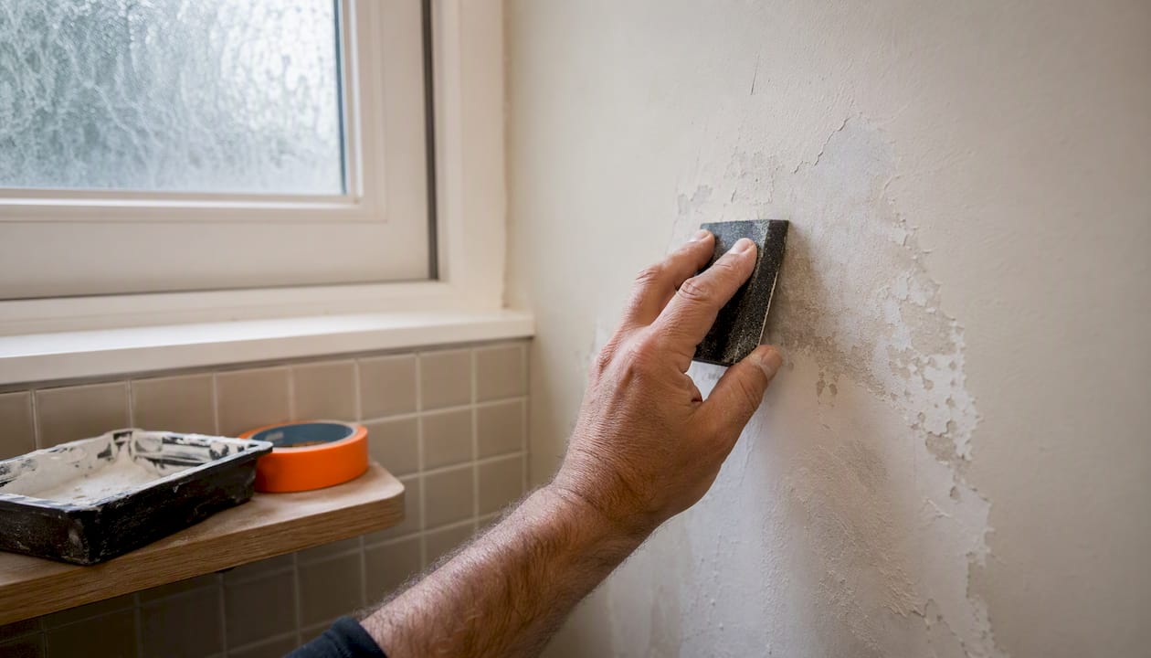 Hands scraping peeling paint patch in bathroom
