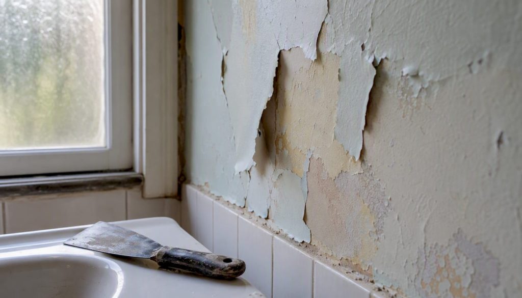 Close-up of peeling paint in bathroom corner