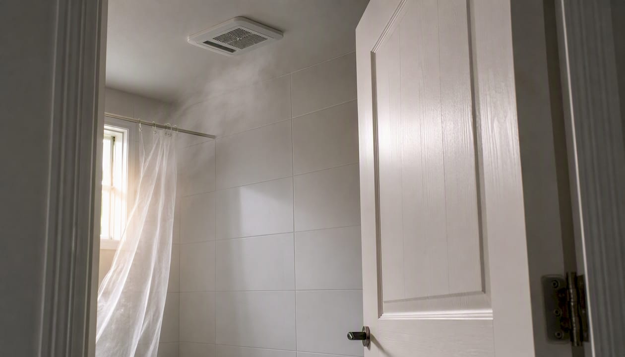 Bathroom with ventilation fan and moisture-resistant door