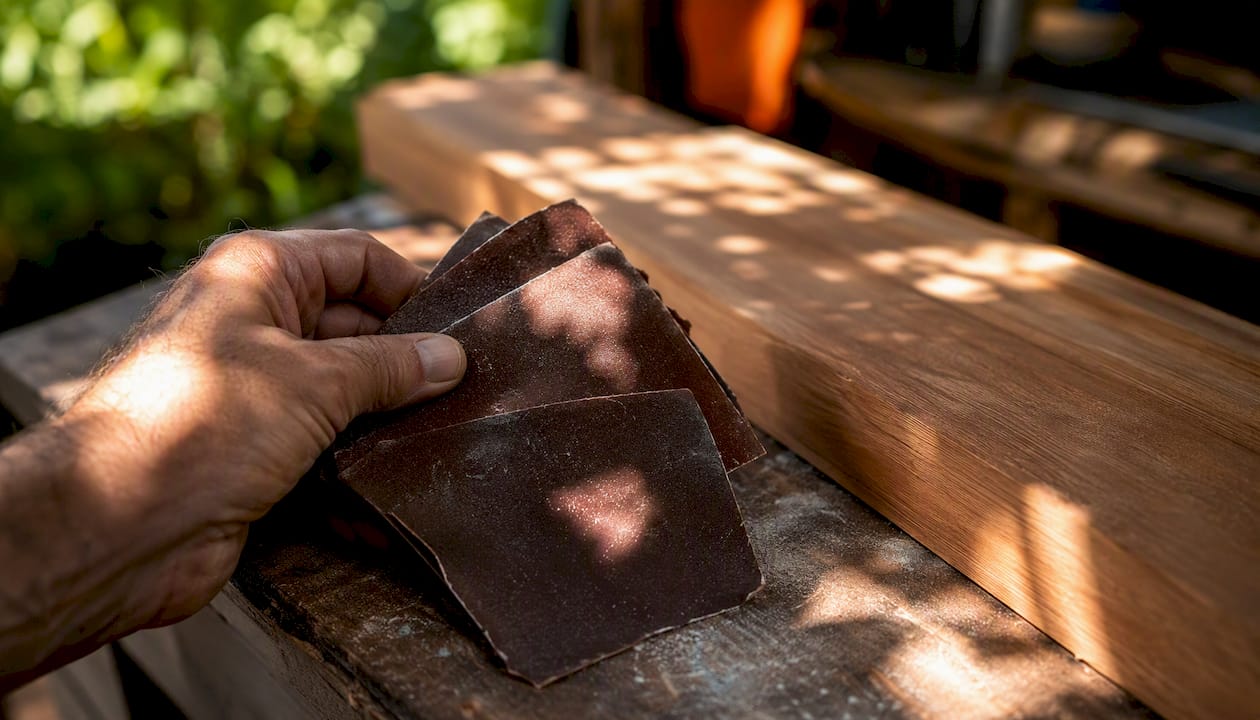 Sandpaper sheets arranged by grit on wood surface