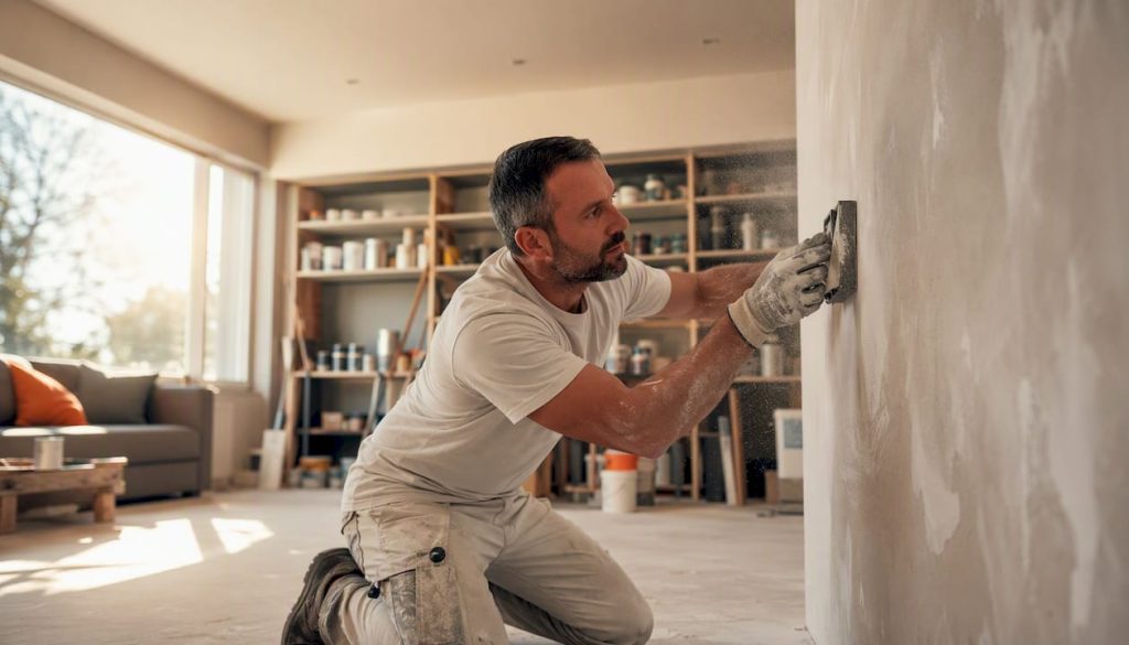Painter sanding wall surface before painting