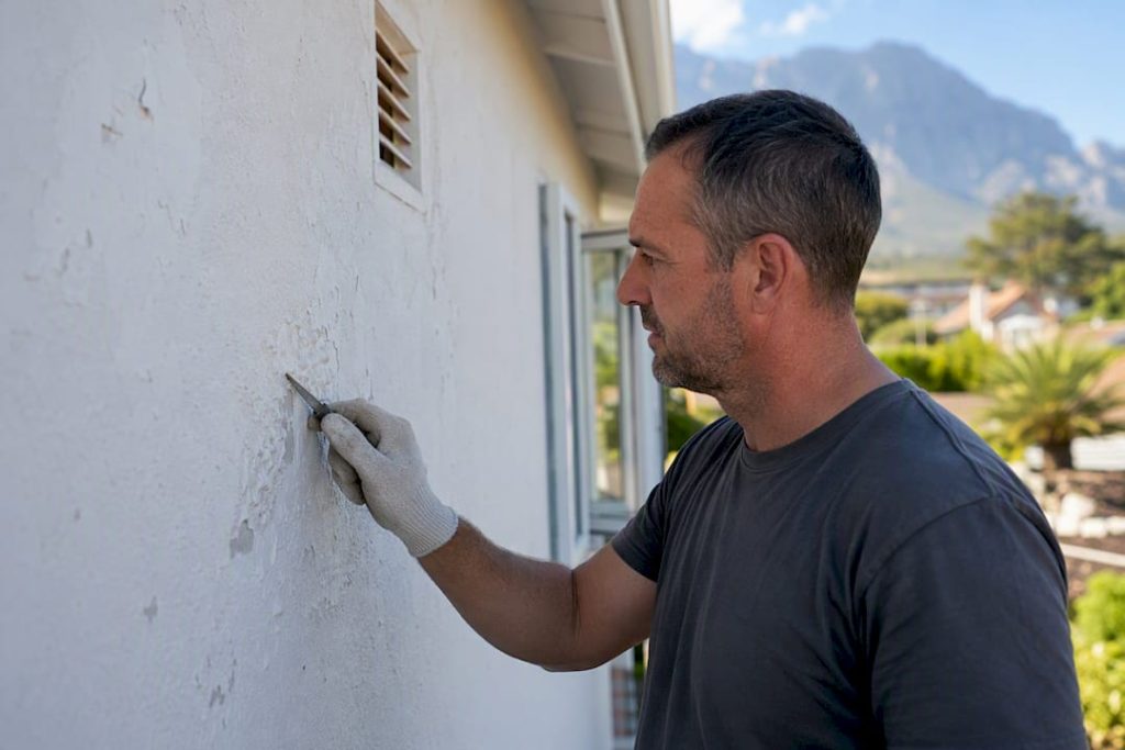 Painter inspecting blistered paint on exterior wall
