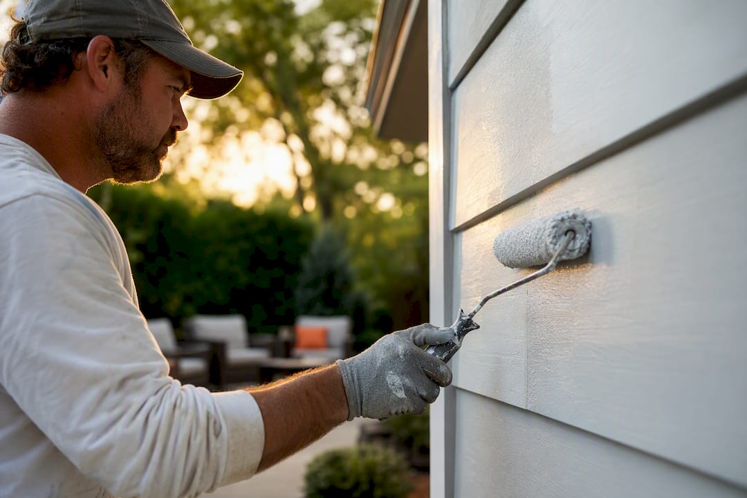 Painter applying final paint coat on primed wall