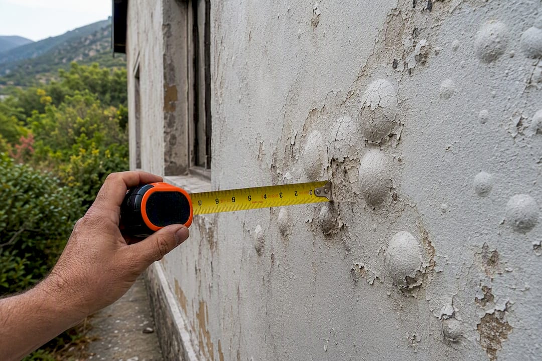 Hand holding tape measure next to blister on wall