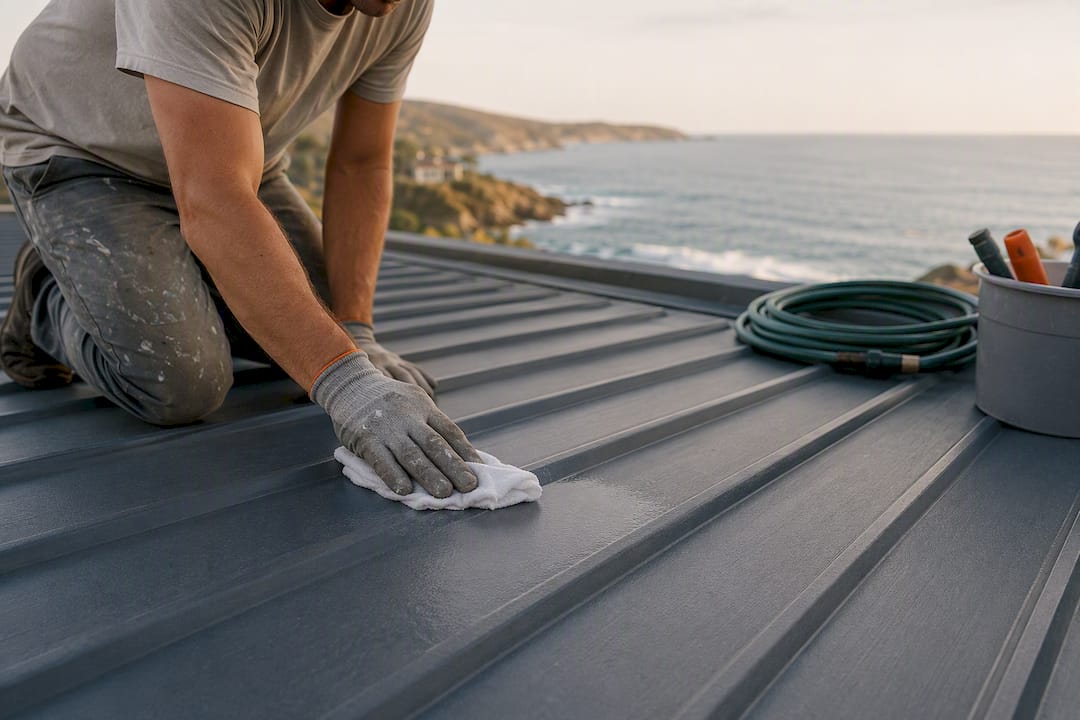 Hand testing drying coastal metal roof with cloth