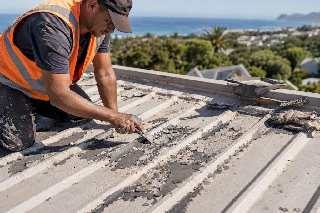 Close-up of scraper removing old paint on roof