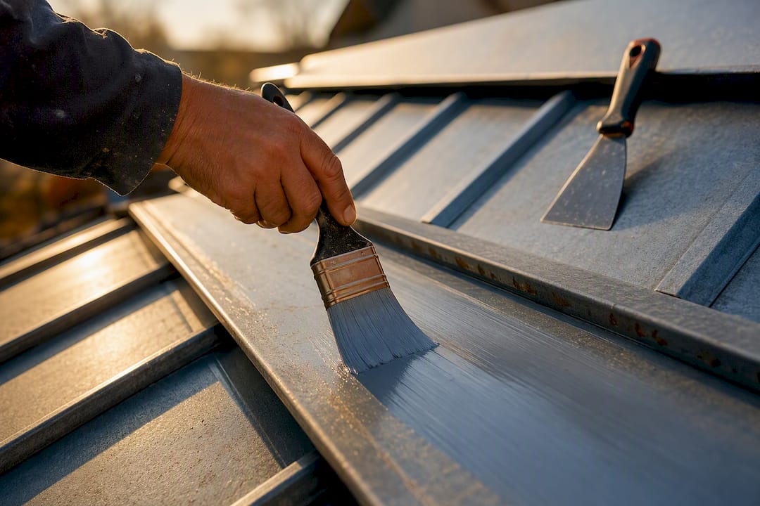 Brush applying metal primer on roof surface
