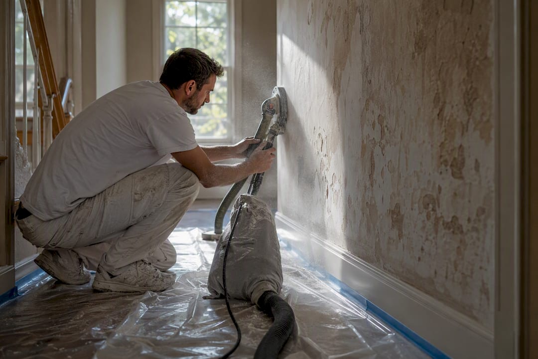 Painter sanding wall with HEPA vacuum