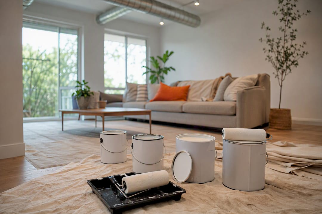 Low-VOC paint cans and rollers indoors