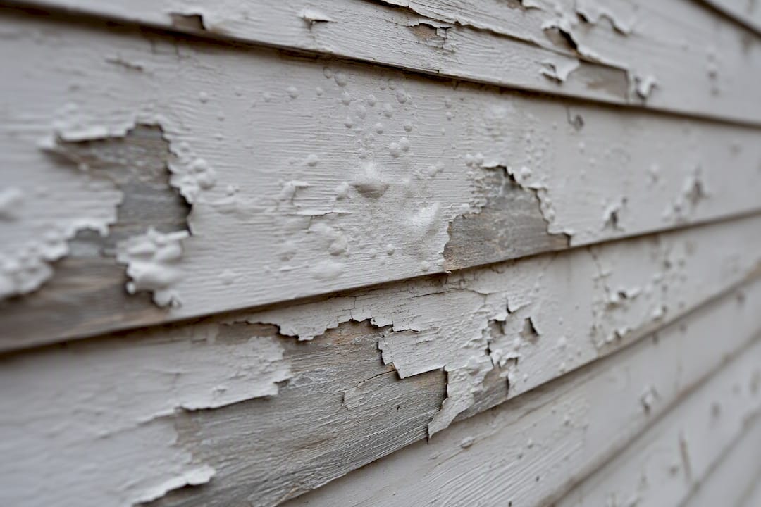 Close-up of peeling and blistering paint defects