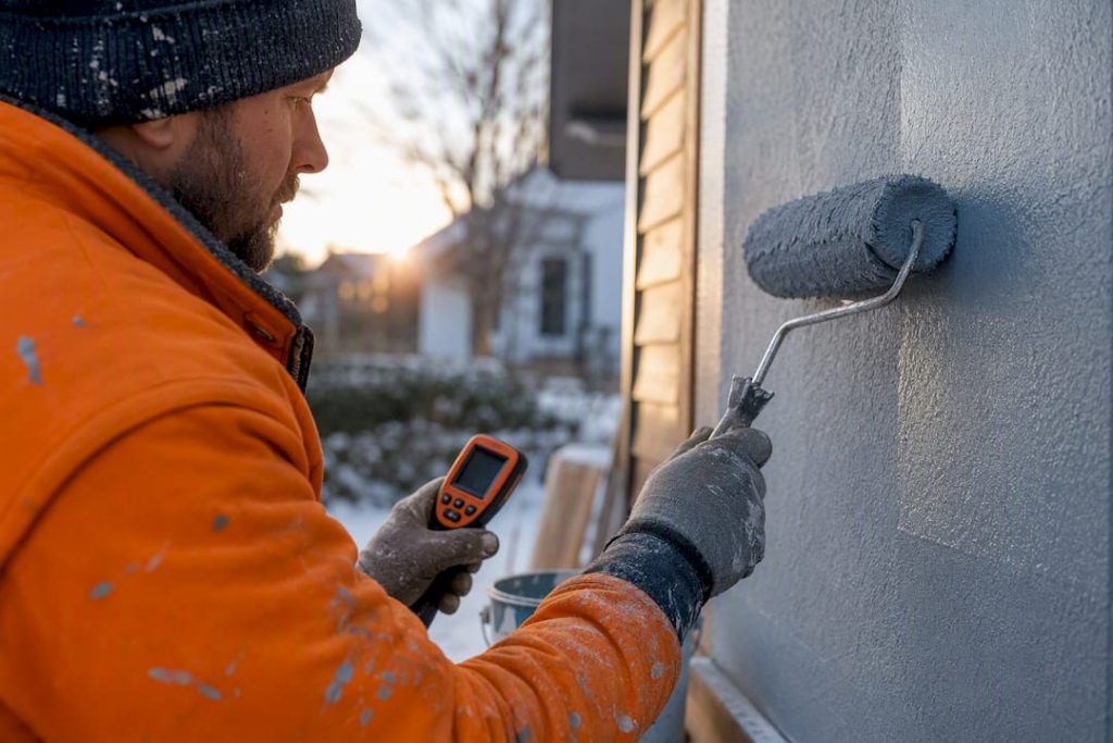 Painter rolling paint on wall in cold morning