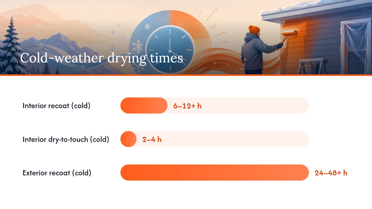 Diagram comparing paint drying and recoat times for warm and cold weather