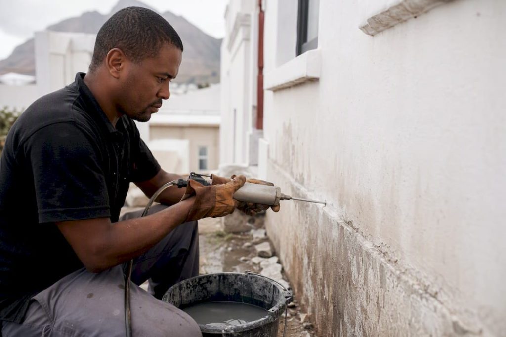 Worker injecting damp proof treatment into plastered wall