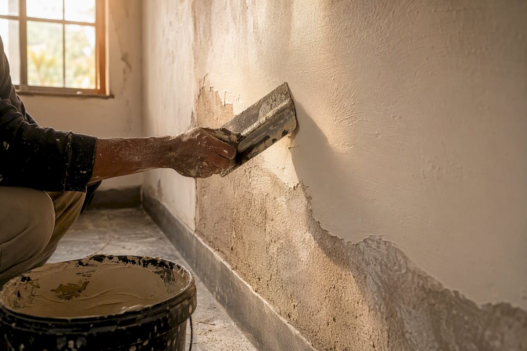 Hands plastering damp repaired interior wall