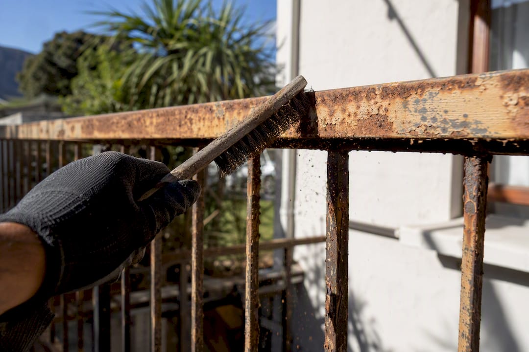 Wire brush removing rust from iron railing