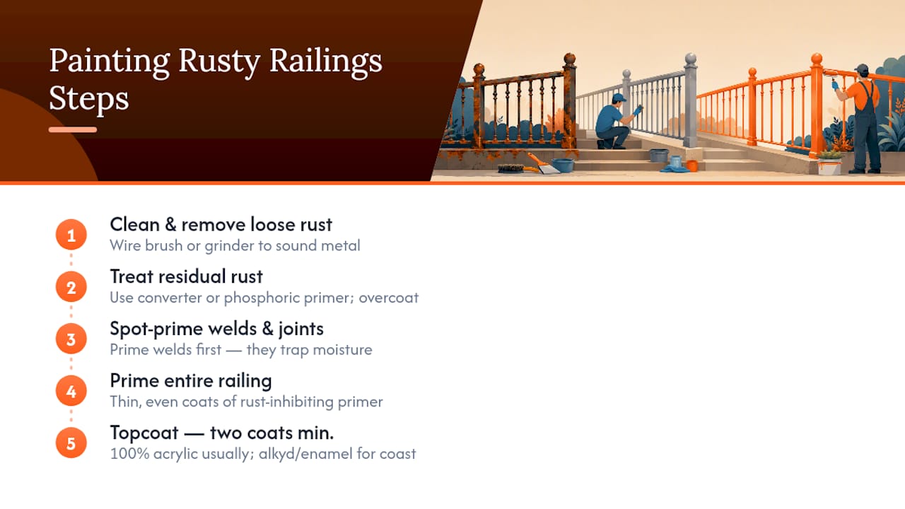 Step-by-step rusted railing painting process