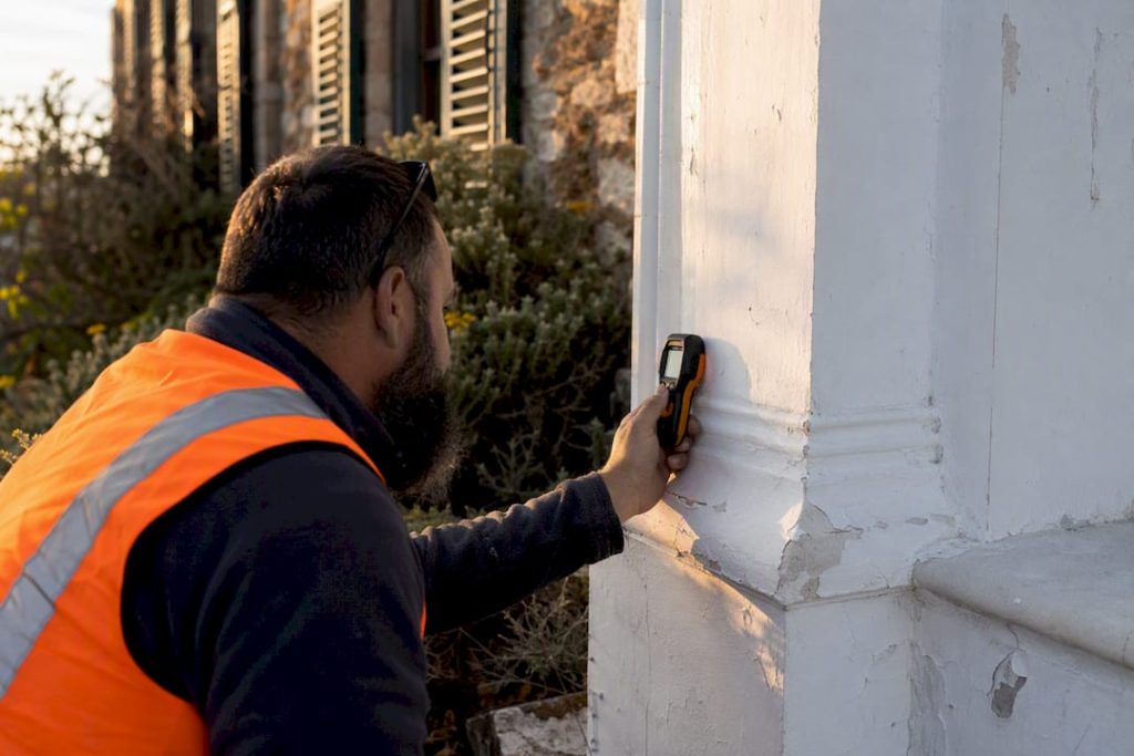Painter inspecting estate wall with moisture meter