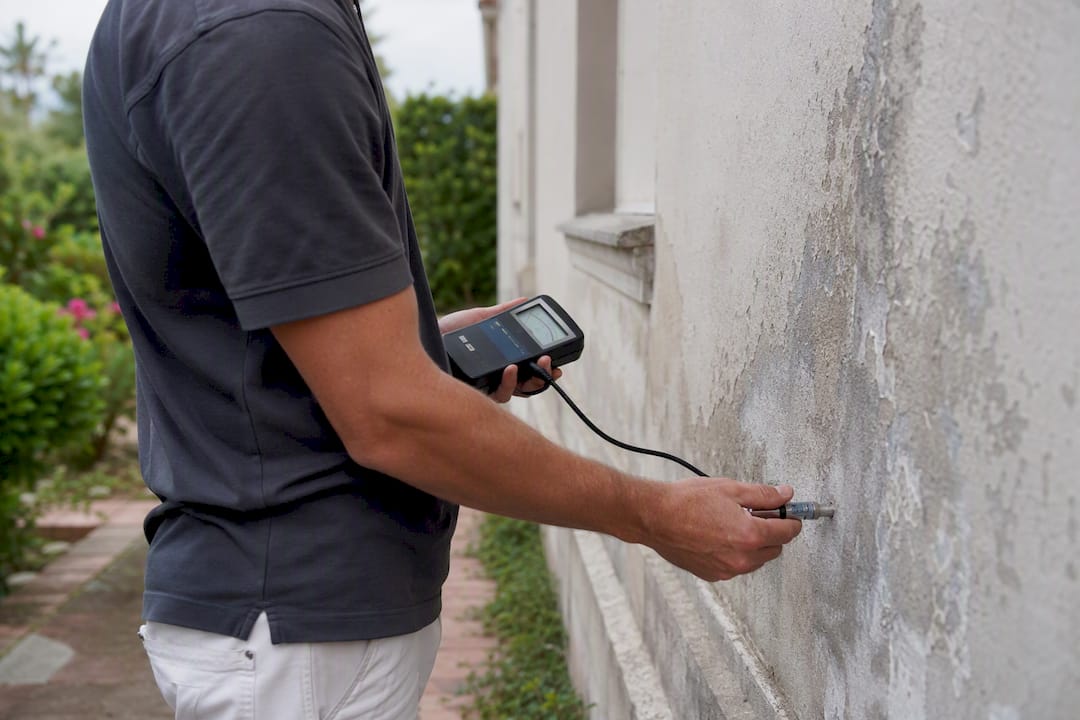 Technician checking wall moisture with meter