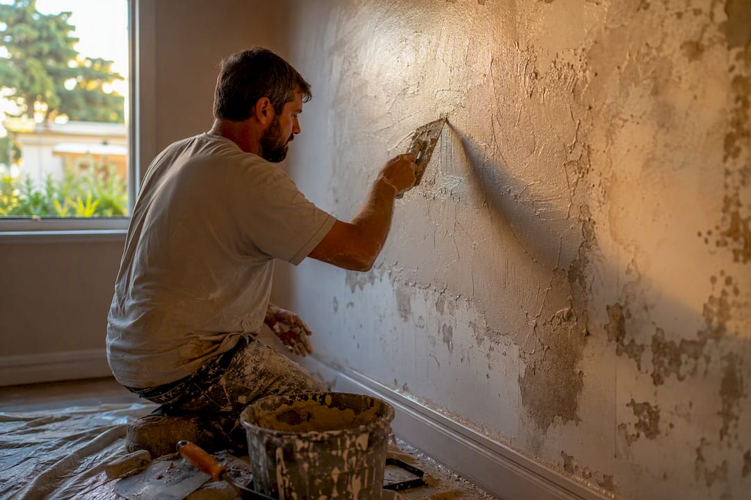 Applying salt-resistant plaster to damp wall
