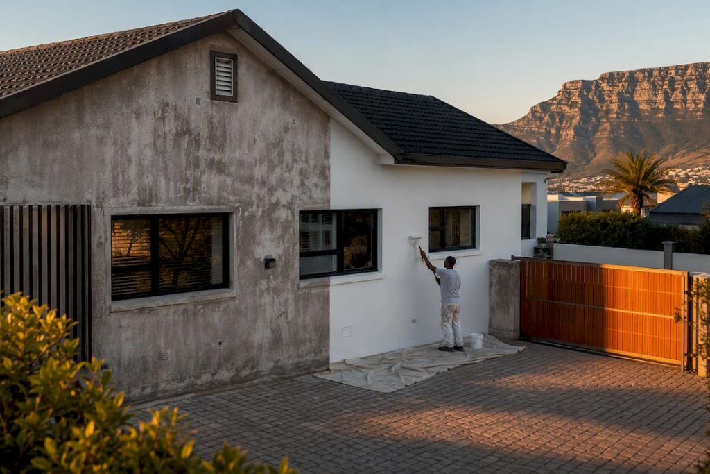 Weathered house exterior prepared for repainting